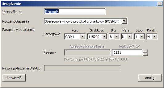 Parametry połączenia, zależnie od wyboru powyżej: Dla połączeń szeregowych : Numer portu COM (np.