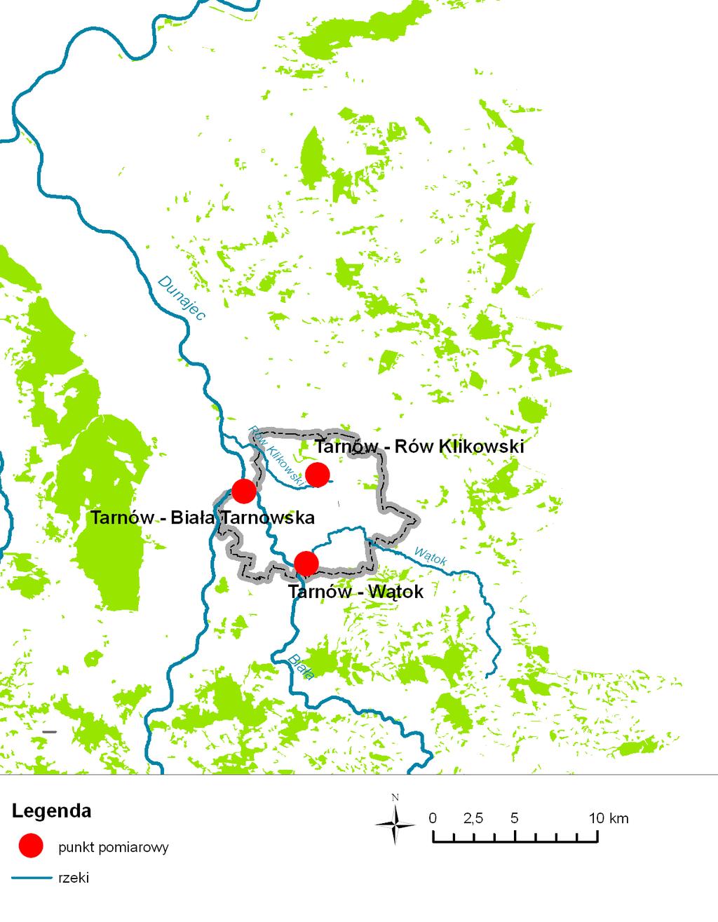 Mapa. Lokalizacja punktów obserwacyjnych osadów rzecznych na terenie miasta Tarnowa w 2011 roku Tab.
