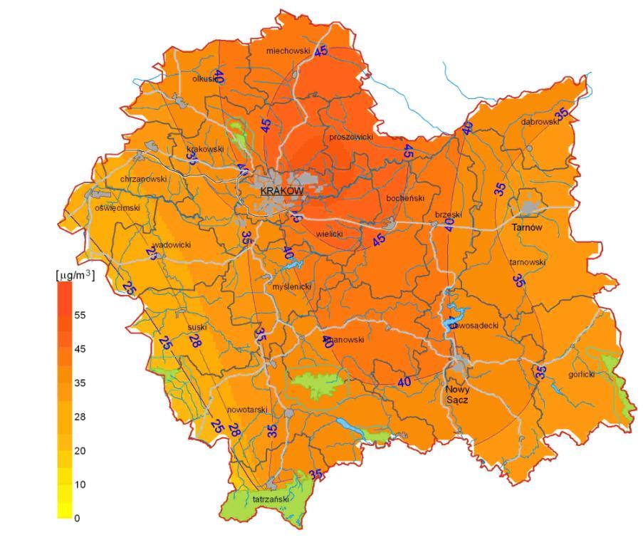 Mapa. Rozkład stężeń średniorocznych pyłu PM2,5 dla województwa małopolskiego w 2011 roku (źródło: WIOŚ Kraków) 2. Hałas.