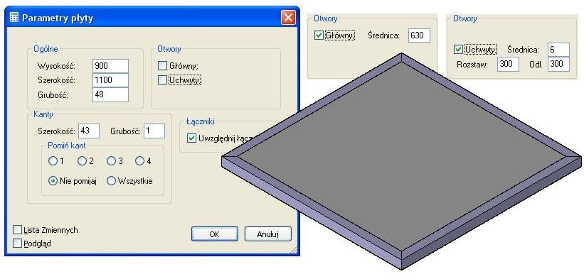 Przykłady modyfikacji zmiennych (długość, wysokość, szerokość) z przebudową projektu Zabudowa wnęk parametrycznymi fragmentami (np.