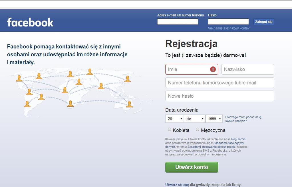 INSTRUKCJA 1. Jak założyć swój profil na facebooku? Aby założyć swój profil na facebooku trzeba wejść na: www.facebook.com.