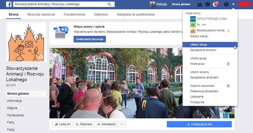 1) Jak założyć stronę Rady Seniorów na facebooku? Po zalogowaniu na własny profil możemy utworzyć stronę naszej Rady Seniorów.