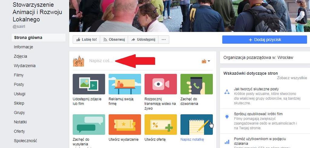 5) Jak tworzymy posty? Na naszej stronie głównej możemy tworzyć tzw. posty, czyli wiadomości tekstowe zawierające dowolne informacje, które chcemy pokazać innym użytkownikom facebooka.