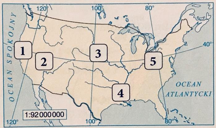 Zadanie 6. (0 3p) Na mapie cyframi 1 5 przedstawiono lokalizację głównych regionów gospodarczych Stanów Zjednoczonych. Uzupełnij tabelę. Wpisz obok opisanych regionów ich nazwy wybrane z ramki.