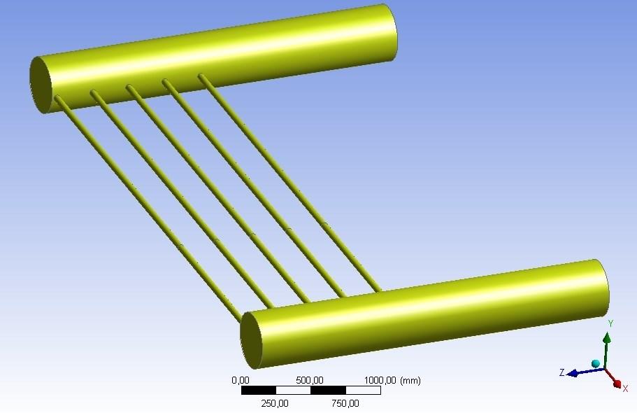 Rys. 4.2. Widok geometrii modelu wymiennika (5 gałęzi 9, d kol /d = 9, układ U) w module Design Modeller programu ANSYS 4.1.2. Siatka obliczeniowa Dyskretyzację modelu wymiennika wykonano za pomocą modułu Mesh programu Ansys 14.