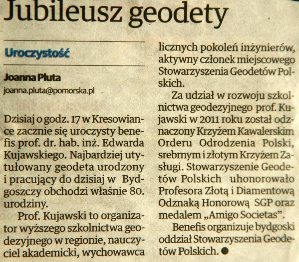 Expressie Bydgoskim z 6 października 2017, w notce Jubileusz geodety. Prof.