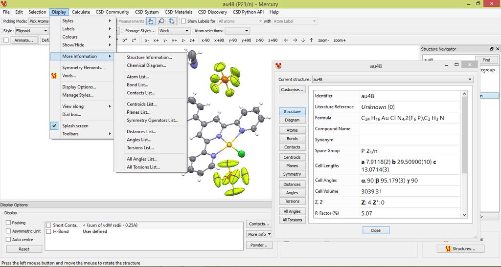 2. W programie Mercury można odczytać wszystkie dane krystalograficzne jakie znajdują się w pliku CIF. W tym celu należy otworzyć zakładkę Display/More Information (Rys.2).