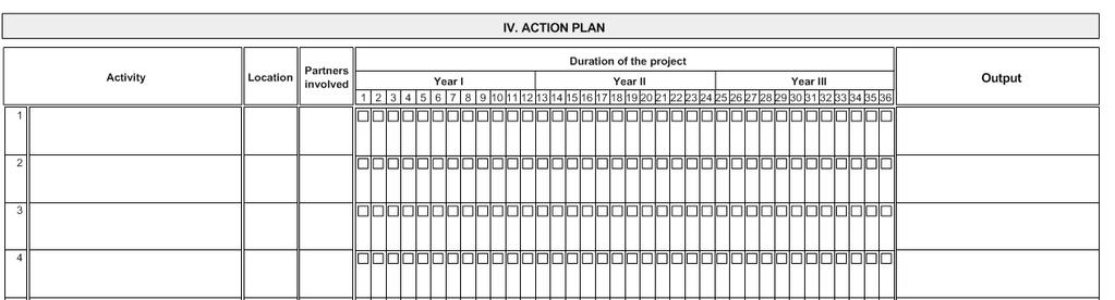 t IV. ACTION PLAN / VEIKLŲ PLANAS / PLAN DZIAŁANIA Należy przedstawić działania projektu (Activity / Veikla / Działanie) opisane w punkcie II.