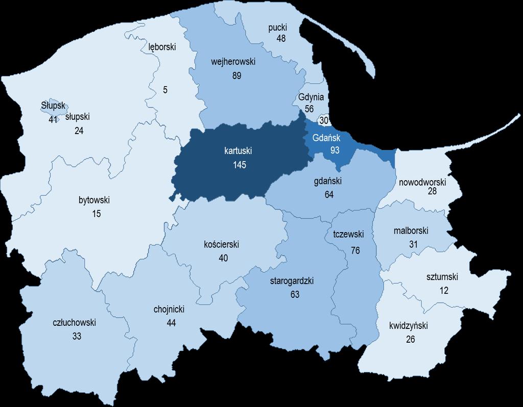 Największą zapadalność na 100 tys. mieszkańców na płonicę w 2017 roku stwierdzono w powiecie kartuskim (145), najmniejszą w powiecie lęborskim (5).