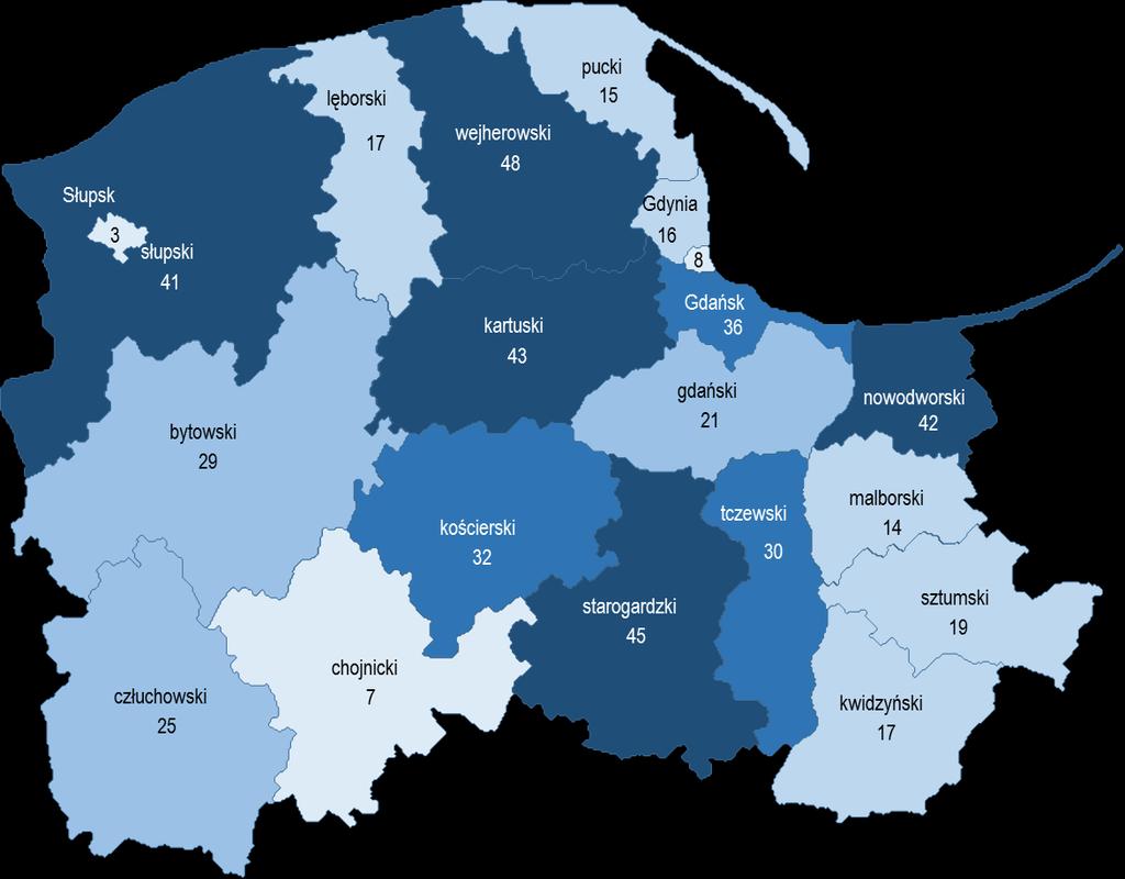 wejherowskim (48), starogardzkim (45)i kartuskim (43), Najmniejszą zapadalność odnotowano w Słupsku (3), powiecie chojnickim (7) i Sopocie (8). Mapa 8.