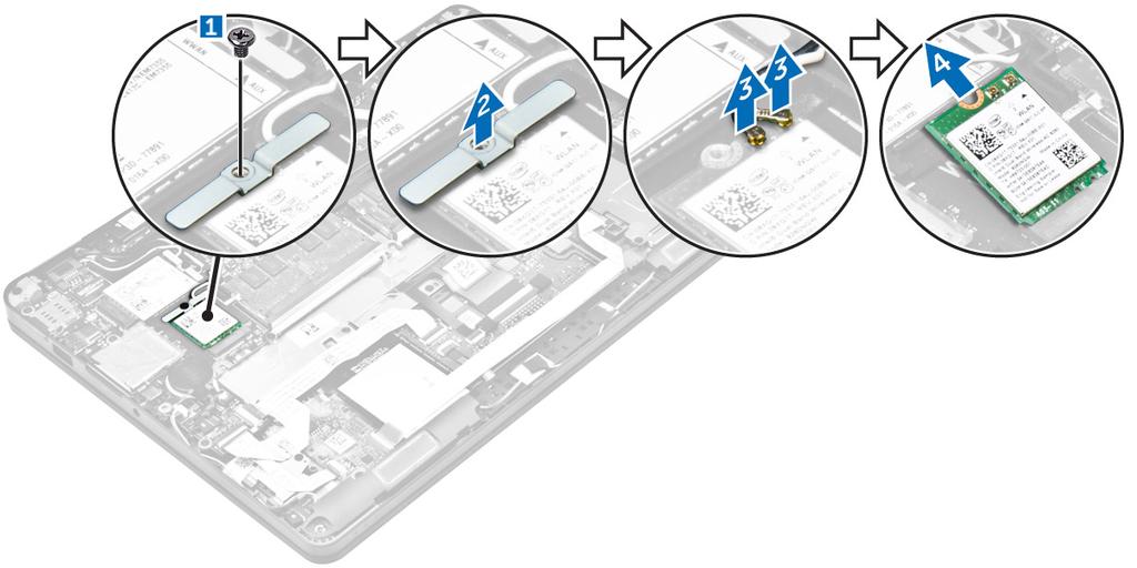 Instalowanie karty sieci WLAN 1. Umieść kartę WLAN w złączu na płycie systemowej. 2. Podłącz kable sieci WLAN do gniazd w karcie WLAN. 3.