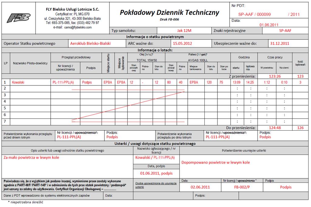 POKŁADOWY DZIENNIK TECHNICZNY Dokument nr PDT-FB-01 Formularz dla samolotów bez