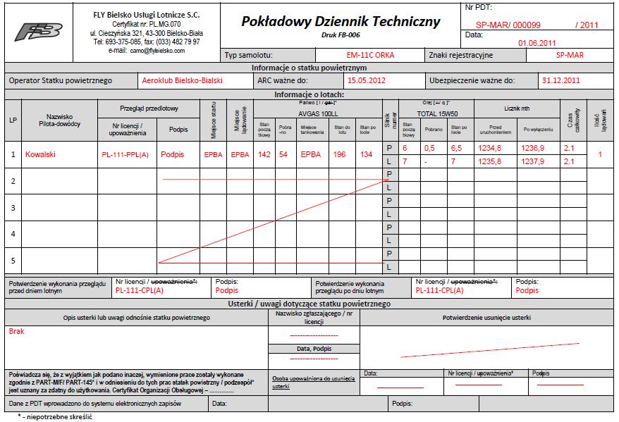 POKŁADOWY DZIENNIK TECHNICZNY Dokument nr PDT-FB-01 Formularz dla samolotów dwusilnikowych z