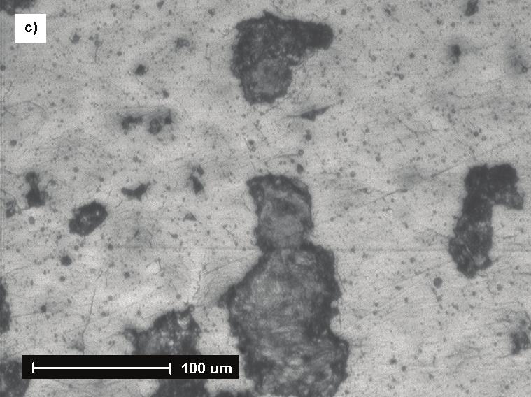 Image of the 4 μm thick CrN coating surface after cavitation test deposited on: a) the X6CrNiTi18-10 steel, b) the X39Cr13 steel tempered at 600 C, c) the X39Cr13 steel tempered at 400 C; SEM Tabela