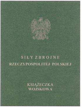 Na pierwszej stronie okładki (zewnętrznej) tłoczone folią srebrną godło państwa oraz napisy SIŁY ZBROJNE RZECZYPOSPOLITEJ POLSKIEJ i KSIĄŻECZKA WOJSKOWA.