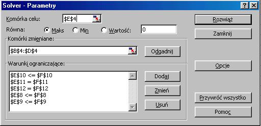 ARCHIWUM ODLEWNICTWA Następnie, z menu Narzędzia wybrano moduł Solver i wypełniono okno dialogowe Solver-Parametry.