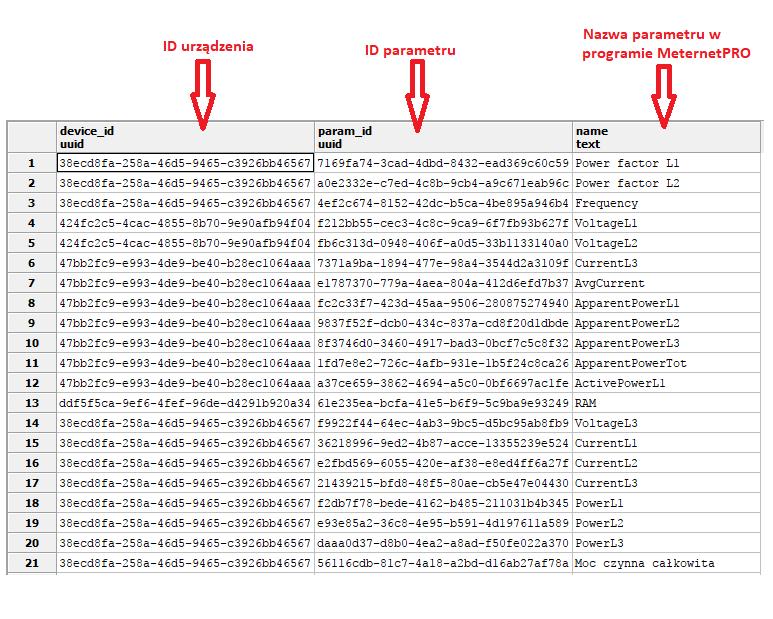 Tabela zawiera wszystkie parametry urządzeń dodanych do konfiguracji w programie MeternetPRO ID parametru można sprawdzić w