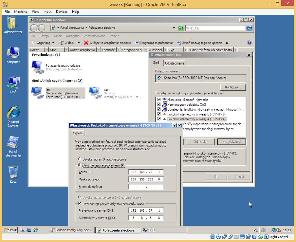 Network i w zakładce Adapter 1 kartę podłączamy w trybie Internal Network, natomiast