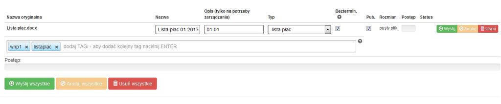 b. Pole Opis (tylko na potrzeby zrządzania) może zawierać informacje, które na późniejszym etapie pomogą w identyfikacji pliku (np. dla Pomoc publiczna.