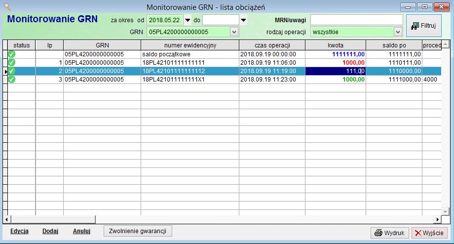 4.3 Rejestracja obciążenia gwarancji z wpisem do rejestru PU Jeśli w definicji ewidencji / pozwolenia PU podany został numer GRN monitorowanej gwarancji, wówczas przy każdym wpisie do ewidencji