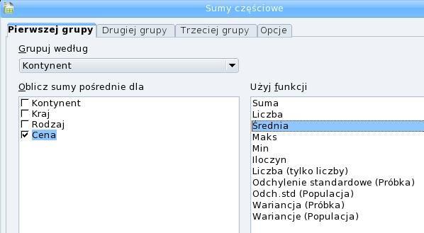 Porządkowanie tabeli danych Definiowanie funkcji podsumowującej dane w tabeli Na zakładce Opcje upewnij się,