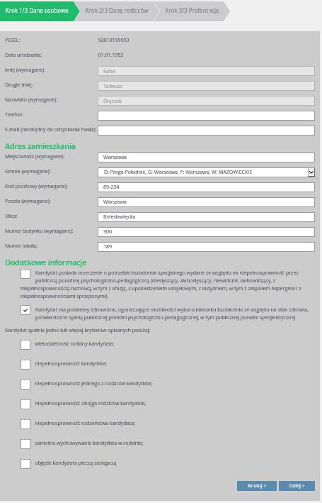 Krok 1/3- Dane osobowe w wybranych polach: Dane osobowe: PESEL, data urodzenia, Imię, Drugie imię oraz