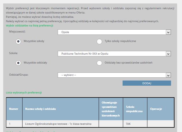 Po wyborze oddziałów należy utworzyć listę preferencji dla języków obcych.