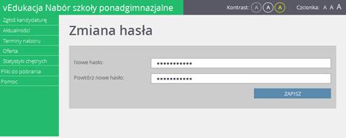 Po kliknięciu linka należy wpisać i powtórzyć w odpowiednich polach nowe hasło oraz na koniec kliknąć przycisk Zapisz.