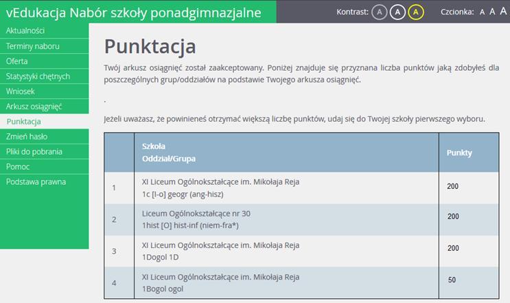 Sprawdzanie punktacji na podstawie wprowadzonych osiągnięć Po akceptacji arkusza osiągnięć przez szkołę pierwszego wyboru( które może nastąpić tylko i wyłącznie po dostarczeniu przez kandydata