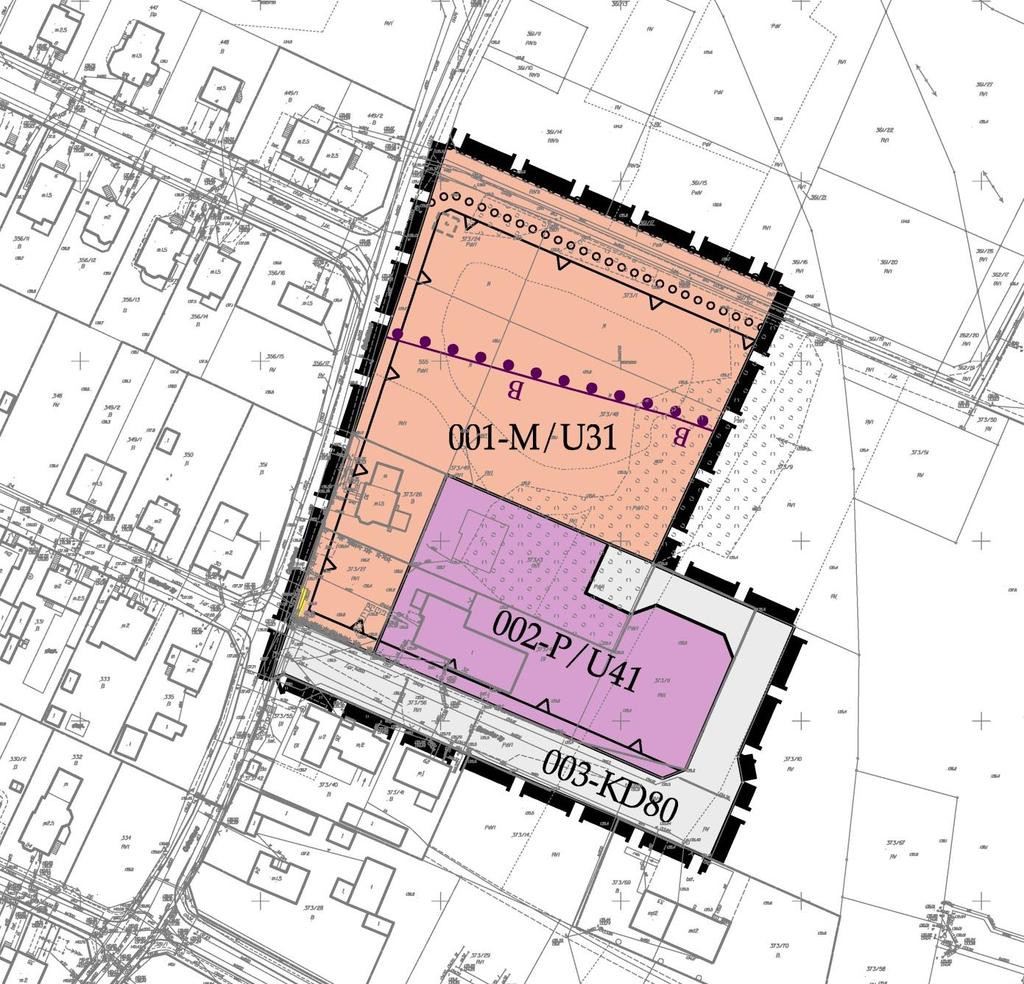 PROJEKT PLANU PRZYJĘTE PARAMETRY 001-M/U31 Zabudowa mieszkaniowo usługowa zawierająca zabudowę mieszkaniową M22 i usługową U33 intens. max. 1,5 w tym nadziemna 1,0 pow. zab. max. 50% pow. biol.