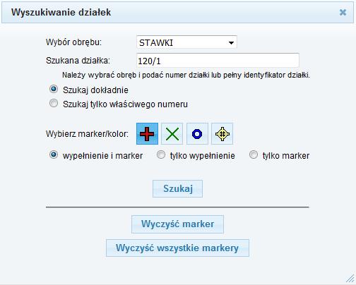 W przypadku map powiatowych, przed wyszukaniem należy wybrać gminę. Przycisk ukazuje się okno, umożliwia wyszukiwanie działek poprzez numer.