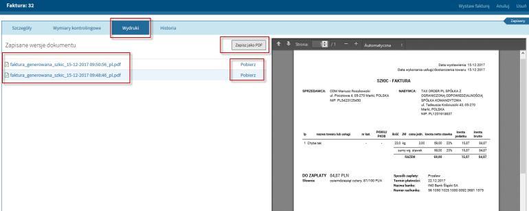 Strona 9 z 9 16. Użytkownik w każdym momencie tworzenia faktury ma możliwość podglądu jej wydruku, przechodząc do zakładki [Wydruki]. Aby to zrobić klika [Zapisz jako PDF].