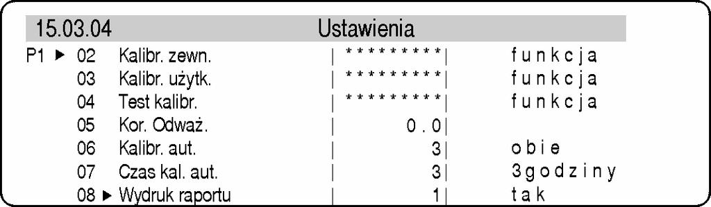 Rys. 20. Podmenu kalibracja Zawartość raportu z kalibracji zaleŝy od ustawień jakie ma waga w podmenu GLP. Wszystkie opcje, które mają atrybuty TAK, będą drukowane. Rys. 21.