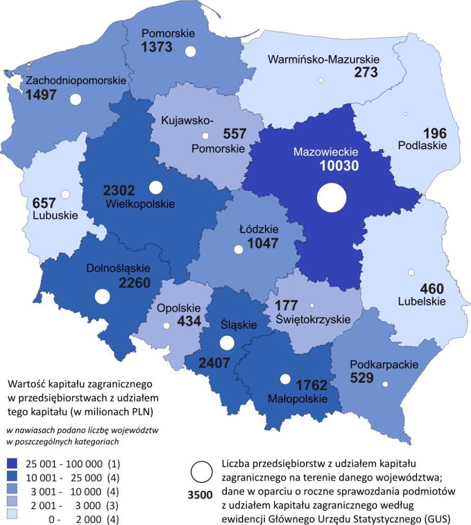 Liczba przedsiębiorstw z udziałem kapitału zagranicznego oraz natężenie tego kapitału w Polsce w podziale na województwa (stan na koniec 2015 roku) Liczba przedsiębiorstw z udziałem kapitału