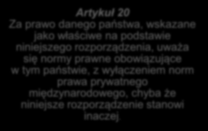 Artykuł 20 Za prawo danego państwa, wskazane jako właściwe na podstawie niniejszego rozporządzenia, uważa się normy prawne