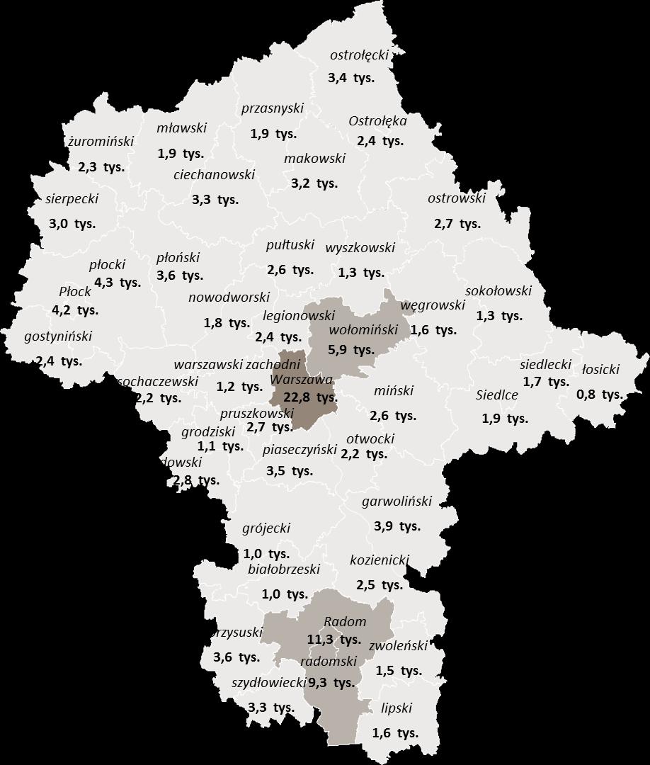 LICZBA OSÓB BEZROBOTNYCH W POWIATACH (W TYS.) Powiat z największą liczbą osób bezrobotnych 22,8 tys. m. st.