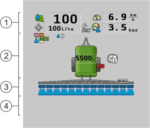 5 Podstawy obsługi Wygląd ekranu Symbol aplikacji w menu wyboru terminalu TOUCH800 5.4 Wygląd ekranu 5.4.1 Ekran roboczy Ekran roboczy jest zawsze wyświetlany podczas pracy i informuje o stanie opryskiwacza.