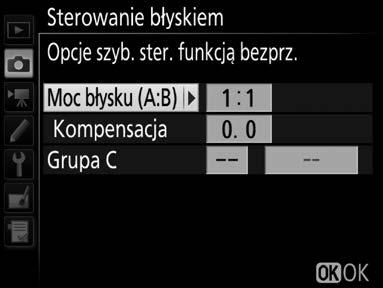 2. Ustawienie zdalnej lampy błyskowej Ustaw grupę zdalnych lamp błyskowych, kanał i pozycję palnika lampy. Szczegółowe informacje znajdują się w rozdziale D-22.