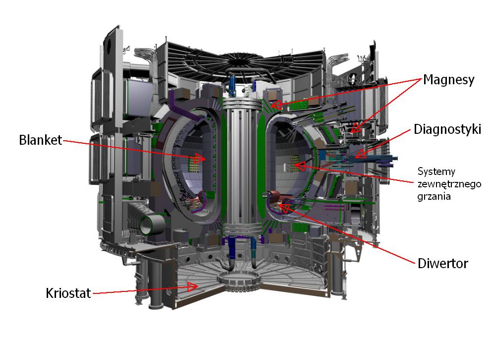 Rysunek 20: ITER - przekrój przez tokamak.[14] Diwertor będzie składał się z 54 kaset (każda z nich ma być wymieniana korzystając ze zdalnie sterowanego ramienia robota).