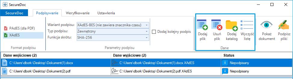 przycisk Usuń plik. Aby usunąć wszystkie pliki z listy plików do podpisania należy nacisnąć przycisk Wyczyść listę.