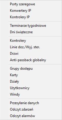 menu Setup Menu to umożliwia konfigurację fizycznych elementów systemu (kontrolery, drzwi) oraz zdefiniowanie elementów logicznych (karty, użytkownicy, poziomy dostępu, terminarze).