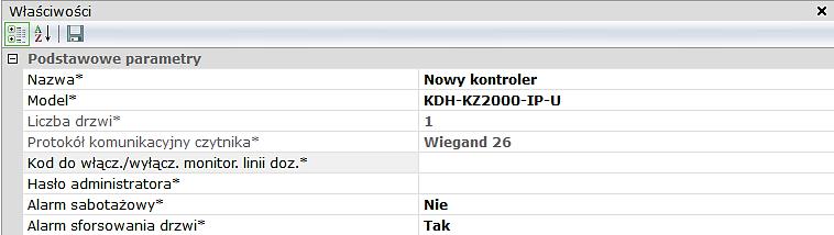 Parametry podstawowe - kontrolery zintegrowane W przypadku wyboru tego typu kontrolerów zablokowane są pola wyboru liczby drzwi i protokołu dla czytnika.