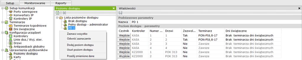 Zakres właściwości poziomu dostępu zawarty jest w tabeli z 7 kolumnami Pierwsza kolumna to wszystkie czytniki zdefiniowane w systemie.