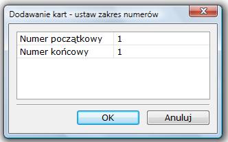 5. Dodaj pakiet kart Funkcja: Należy wpisać numer początkowy i końcowy pakietu kart w wyświetlonym oknie, karty zostaną dodane do bazy danych i wyświetlone w oknie. 6.