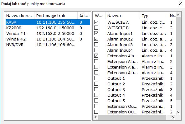 Dodawanie punktów monitorowania na mapie: - kliknij na zielonej ikonie - otworzy się okno jak poniżej W oknie jak powyżej wyświetlana jest lista wszystkich kontrolerów oraz rejestrator NVR (jeżeli