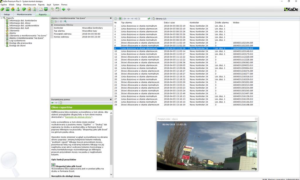 Jeżeli z system kontroli dostępu jest zintegrowany system telewizji obserwacyjnej poprzez rejestrator NVR, to po kliknięciu na wybrane zdarzenie w oknie wideo wyświetlany jest z