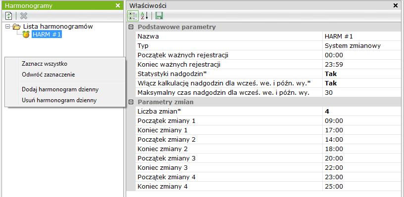 Tryb zaawansowany - harmonogramy w systemie zmianowym Nazwa - pole na wpisanie nazwy harmonogramu. Typ - W tym polu możemy ustawić typ harmonogramu: "Harmonogram zmianowy" lub "Harmonogram czasowy".