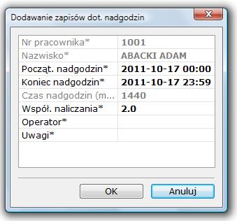 6.5.2 Rejestracja nadgodzin Opcja ta umożliwia administratorowi systemu ręczne dopisanie nadgodzin.