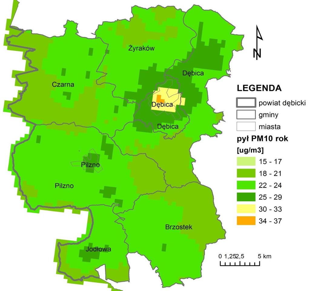 Stan zanieczyszczenia powietrza w powiecie pył PM10 rok: Na terenie powiatu dębickiego stężenia średnioroczne pyłu PM10 kształtowały się w przedziale 19,4-33,7