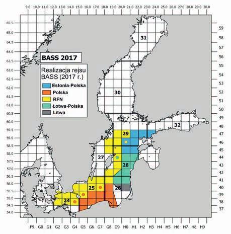 Rys. 1. Schemat rozkładu geograficznego badań akustyczno-połowowych zrealizowanych przez poszczególne państwa podczas bałtyckich rejsów badawczych typu BASS (maj 217 r.